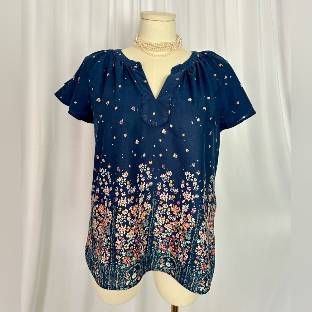 St. John's Bay Blue Ruffled V-Neck Blouse (747)